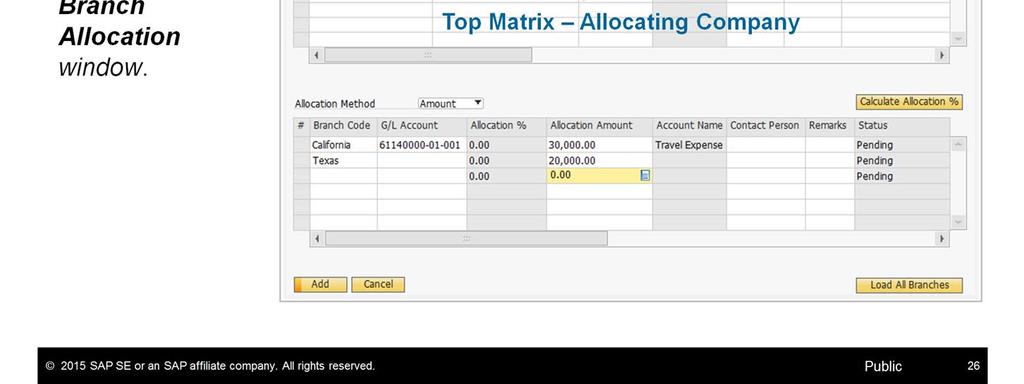 Let us look at an example in SAP Business One: You allocate expenses and income to other branch companies using the G/L Branch Allocation window.