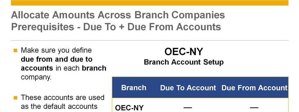 Make sure you define due from and due to accounts in each branch company. These accounts are used as the default accounts for the transactions: G/L branch allocation. A/P service invoice allocation.