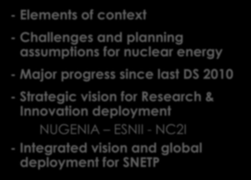 The structure of DS 2015 OUTLINE - Elements of context - Challenges and planning assumptions for nuclear energy - Major progress since last DS 2010 - Strategic vision for Research & Innovation