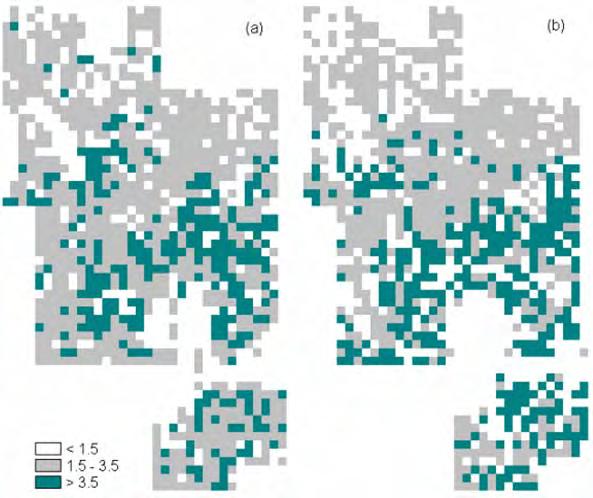 NPP Spatial Distribution at Landscape Level Fig. 4 The comparison between NPP (t C ha-1 yr-1) simulations at landscape (a) and remote sensing (b) levels for the LAMF in 1995.