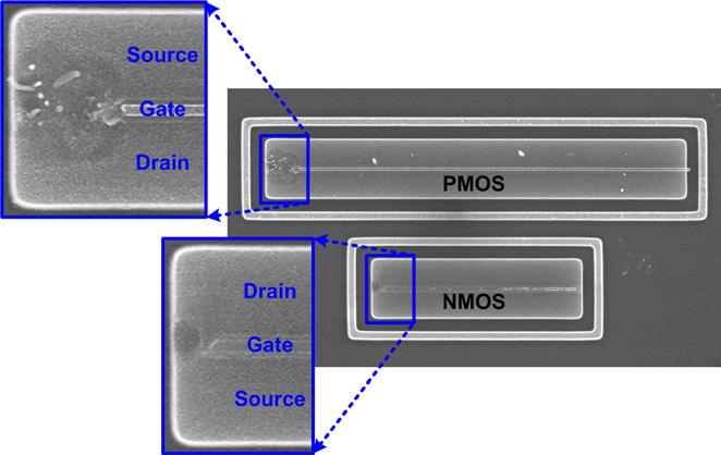 SEM photos of the core circuits in test circuits B5 and B6 after 200- V CDM ESD tests are shown in Figs. 5 and 6, respectively.