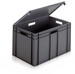 Euro stacking containers with attached lid Modular stacking containers with a hinged lid. 400 x 300mm models stack 2-up (side by side) on 600 x 400mm containers 400 x 300 9251.