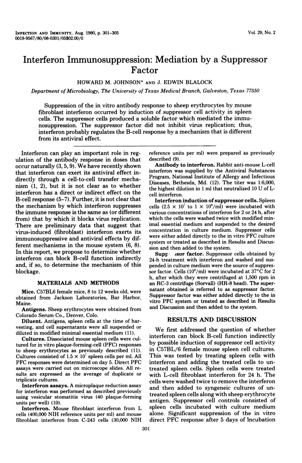 INFECTION AND IMMUNITY, Aug. 1980, p. 301-305 0019-9567/80/08-0301/05$02.00/0 Vol. 29, No. 2 Interferon Immunosuppression: Mediation by a Suppressor Factor HOWARD M. JOHNSON* AND J.