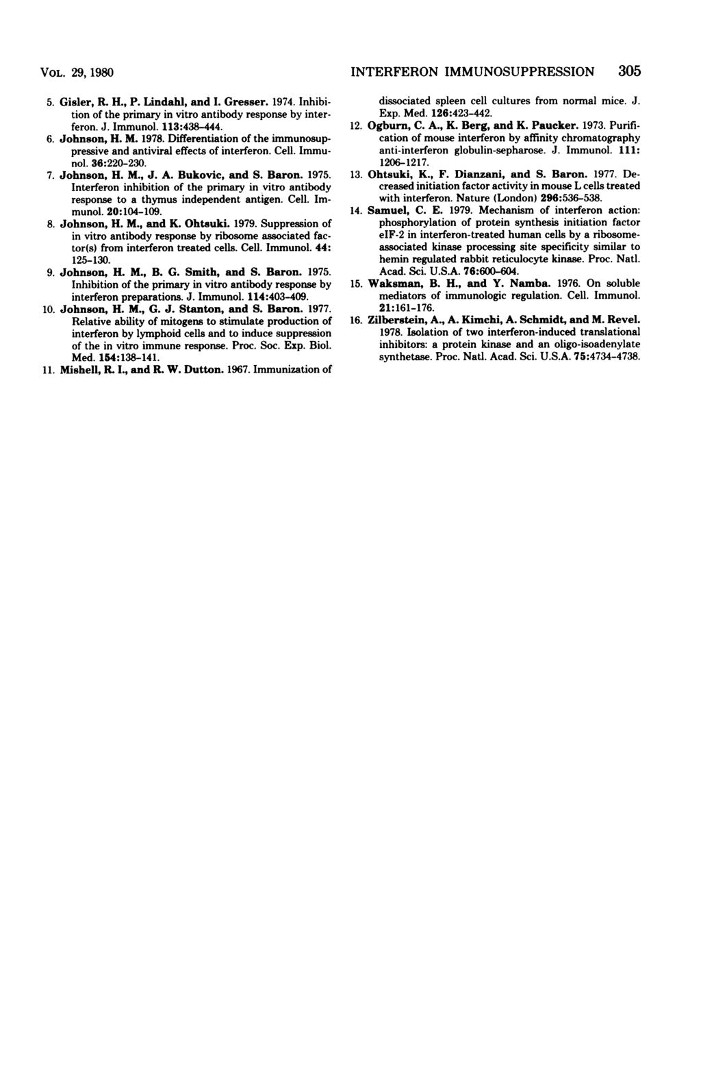 VOL. 29, 1980 5. Gisler, R. H., P. Lindahl, and I. Gresser. 1974. Inhibition of the primary in vitro antibody response by interferon. J. Immunol. 113:438-444. 6. Johnson, H. M. 1978.