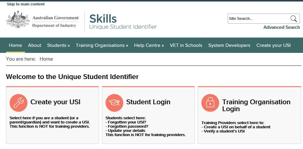 Creating your USI number 1. Log onto the USI website http://usi.gov.au 2.