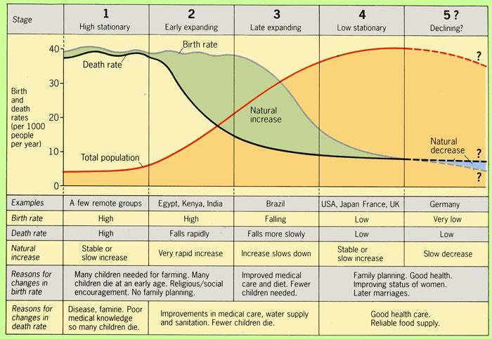The demographic transition model (DTM) shows changes over time in the