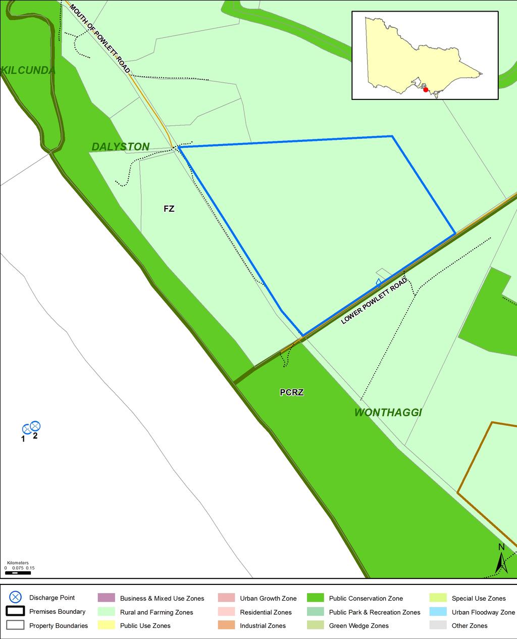 Licence SCHEDULE 1A - LOCALITY PLAN Company Name: AQUASURE PTY LTD ACN: 135 956 393 Premises Address: 434 LOWER POWLETT RD, DALYSTON VIC 3992 Issued: 30/11/2012 Before relying on the information in