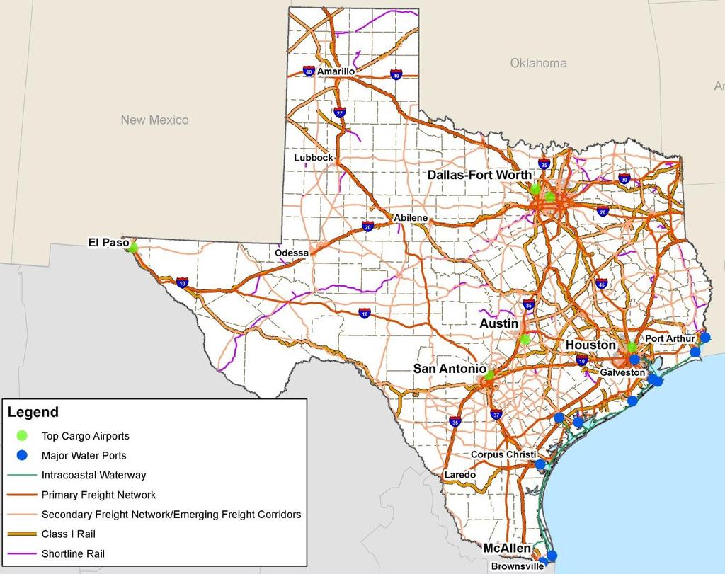 Texas Freight Network Cornerstone of the Texas Freight Mobility Plan Defines an allmode Network: Transportation corridors Key freight