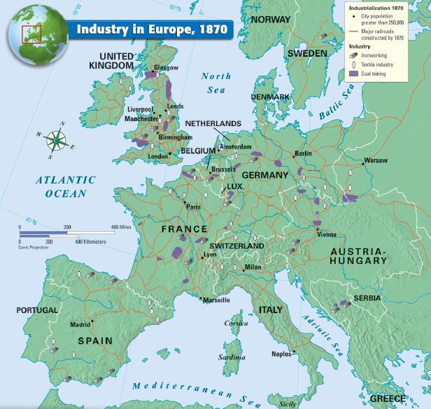 By 1900, industrialization spread through Europe and to the United States, transforming the West into