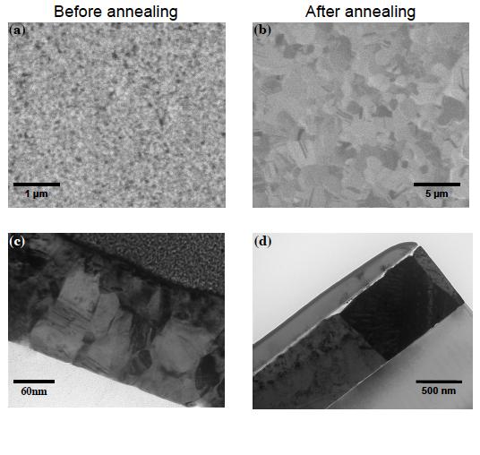 Figure 5.4. Focused ion beam images of the deposited silver films before and after annealing, (a) and (b) respectively. The average grain sizes were 53 nm in (a) and 400 nm in (b).