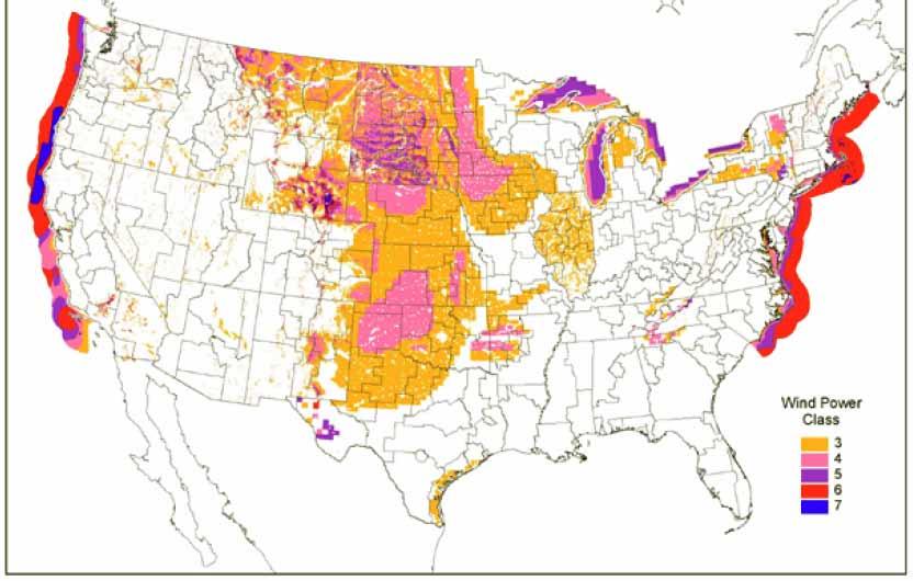 Less than 5% of nation s developable wind energy potential occurs on uplands east of Mississippi River Wind energy potential in the United States.