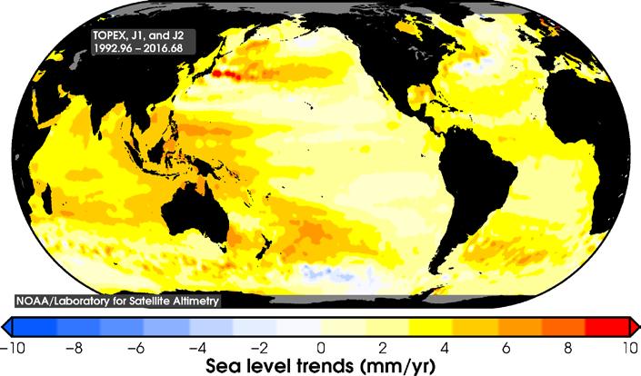 Figure D-2: Map of regional patterns of sea-level rise (month/year) from 1993 to August 2016 Note: Local trends estimated using data from TOPEX/Poseidon, Jason-1 and Jason-2, which have monitored