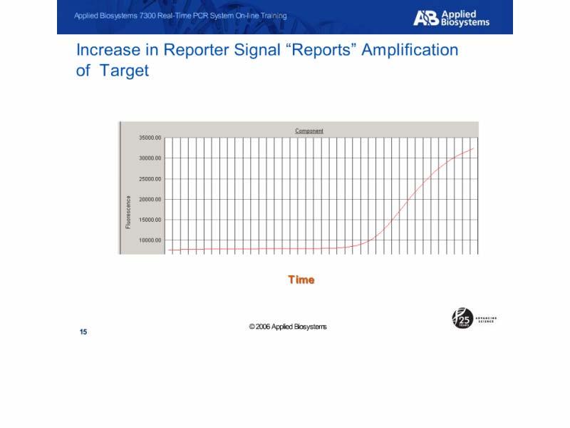 Increase in Reporter Signal Reports Amplification of Target Slide notes: This fluorescence is captured by the instrument and a signal is generated above background levels.