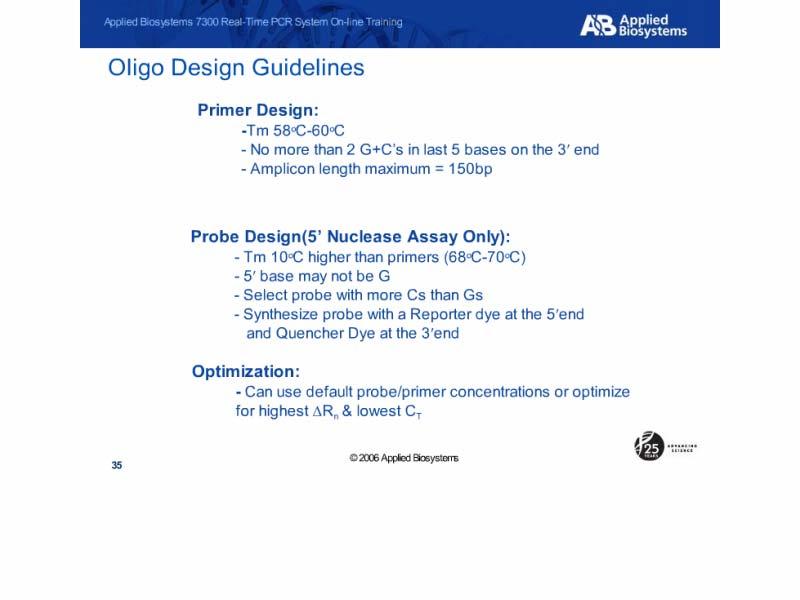 Slide 35 Slide notes: These are our oligo design parameters: AB experimented with design and determined that these guidelines will help to achieve 100% efficiency with minimal optimization.