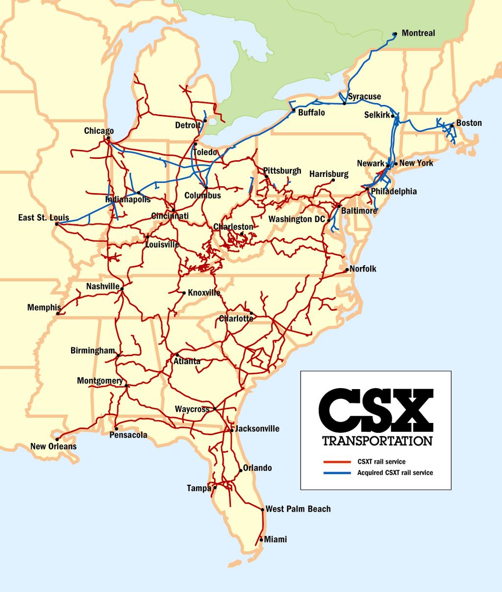 CSX Connects the Southeast with the Nation and the Globe CSX alone includes: 21,000 route miles 1,700+ trains/day 5 million+ carloads 4,500+ locomotives 120,000+