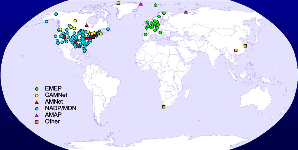 2. Evaluation vs. long-term measurements Monitoring networks: AMNet network (USA/Canada, 21 sites, Hg0/TGM) AMAP network (Arctic, 4 sites, Hg0) Cape Point (South Africa, 1 site, Hg0) Mt.