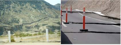 Figure 7. Extensive Damage (right picture) to the Mexicali-to-Tijuana Highway at kilometer 20 at the Laguna Salada Fault Crossing. The Fault line can be observed in the left picture.