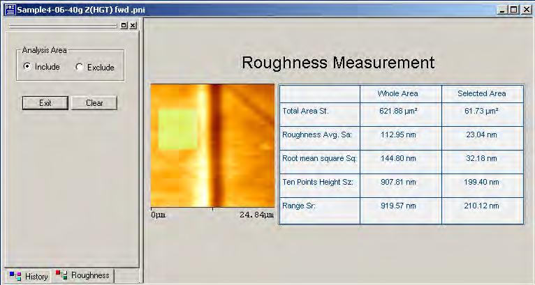 Fig. 9. Screenshot for surface roughness measurement (Sample 4) In the micro-scratch-hardness test, Sample 1 exhibited lower hardness and acoustic emission, and higher dragging force than Sample 4.