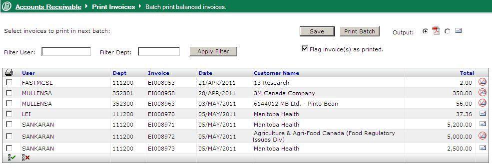 To print/email invoices: 1. On the Invoice menu, select Batch Print. All balanced invoices will display.