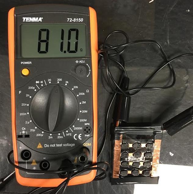 Figure 22. A second final device fabricated, with the resistance of the entire device shown using a multimeter. The final device has a resistance of 81 Ω.
