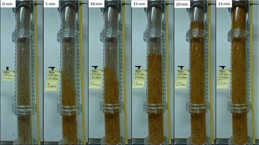 A6-3. Photos of the test performed with Asha pellets, an inflow rate of 0.25 l/min and 0 % fines in the pellets. The photos are taken at different times after test start.
