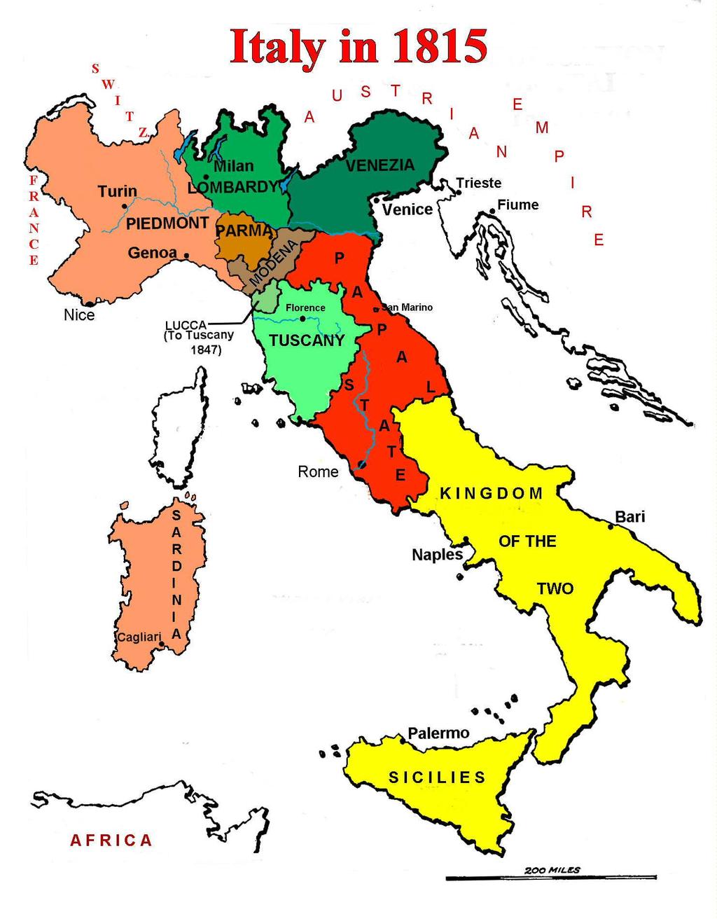Since the time of the middle ages, Italy has been a collection of provinces, early to mid 1800s Italy was ruled by Austria and the Pope.