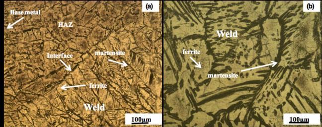 Figure 1. Optical micrograph formed in the weld as compared to BM, however, coarse martensite was observed in the weld compared to BM.
