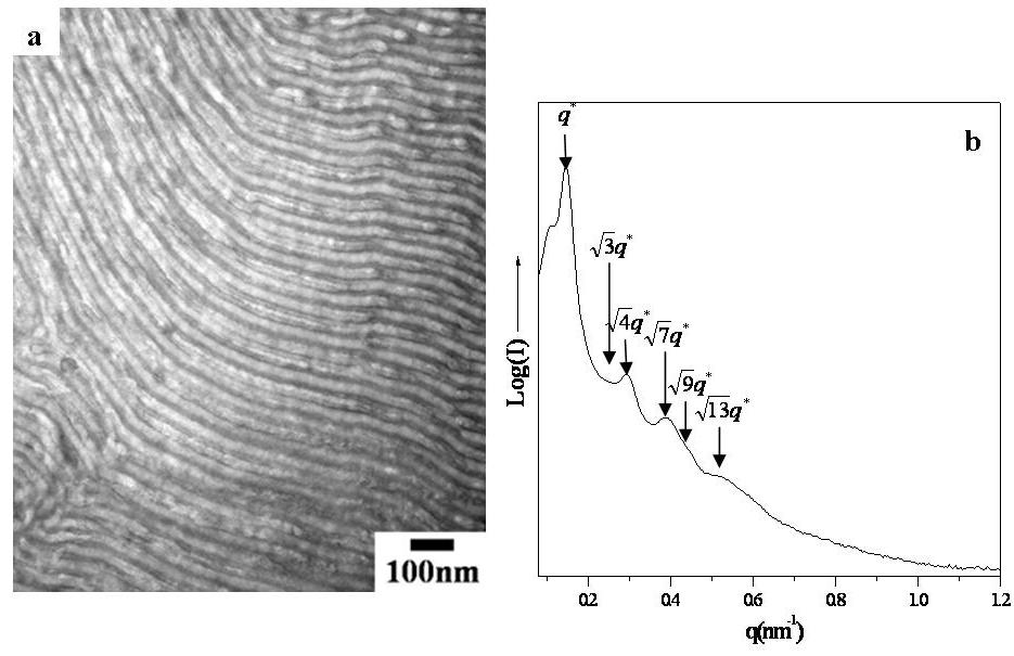 Figure. S2. (a) TEM micrograph; (b) SAXS profile of PS280-PLLA127 (f v PLLA =0.
