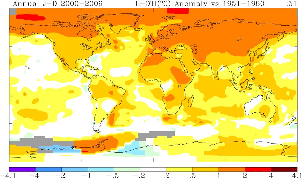 STATE 10-year average (2000-2009) temperature anomaly relative to the 1951-1980 mean.