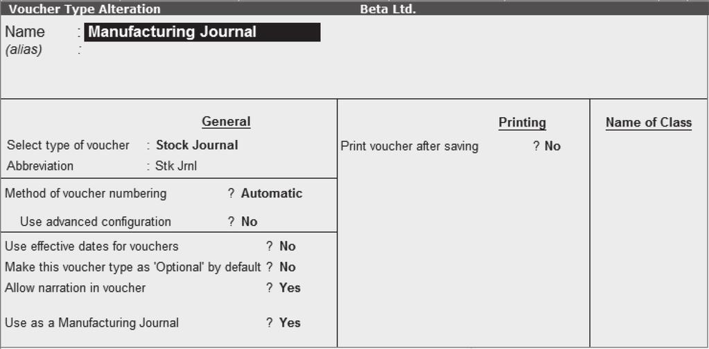Creation of Manufacturing Journal: Gateway of Tally Accounts Info.