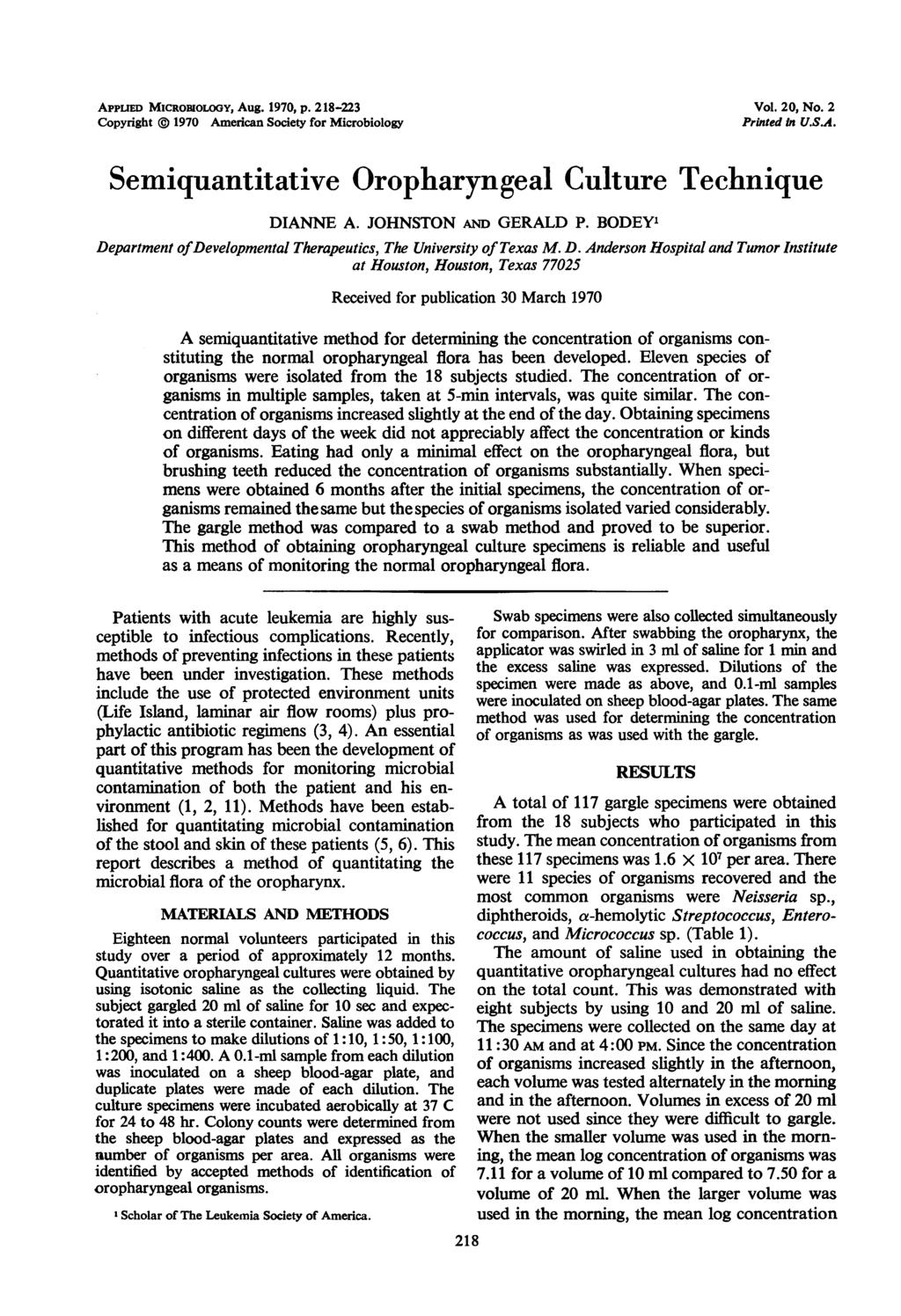 APPLIED MICRomoLOGY, Aug. 1970, p. 218-223 Copyright ) 1970 American Society for Microbiology Vol. 20, No. 2 Printed In U.S.A. Semiquantitative Oropharyngeal Culture Technique DIANNE A.