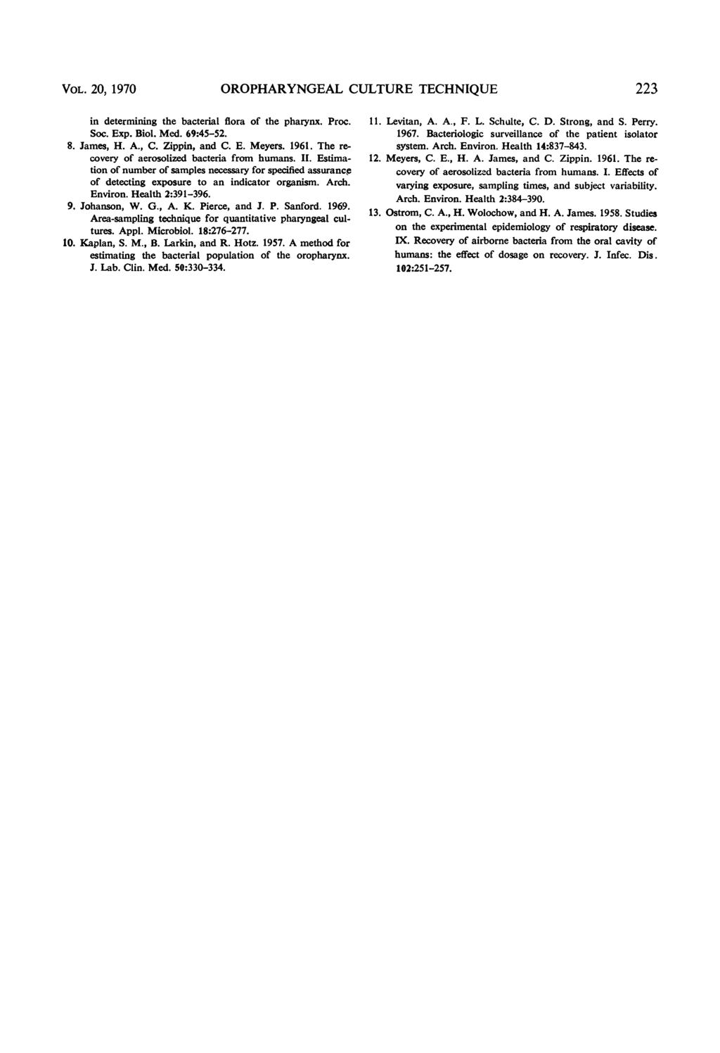 VOL. 20, 1970 OROPHARYNGEAL CULTURE TECHNIQUE 223 in determining the bacterial flora of the pharynx. Proc. Soc. Exp. Biol. Med. 69:45-52. 8. James, H. A., C. Zippin, and C. E. Meyers. 1961.