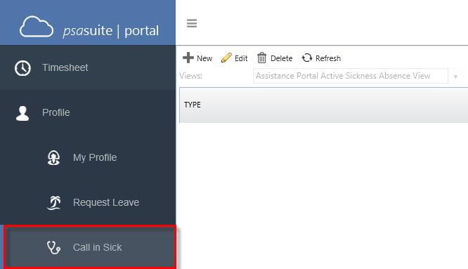 Call In Sick In Profile, the menu option Call In Sick allows the PSA User to enter Sick Leave Requests.