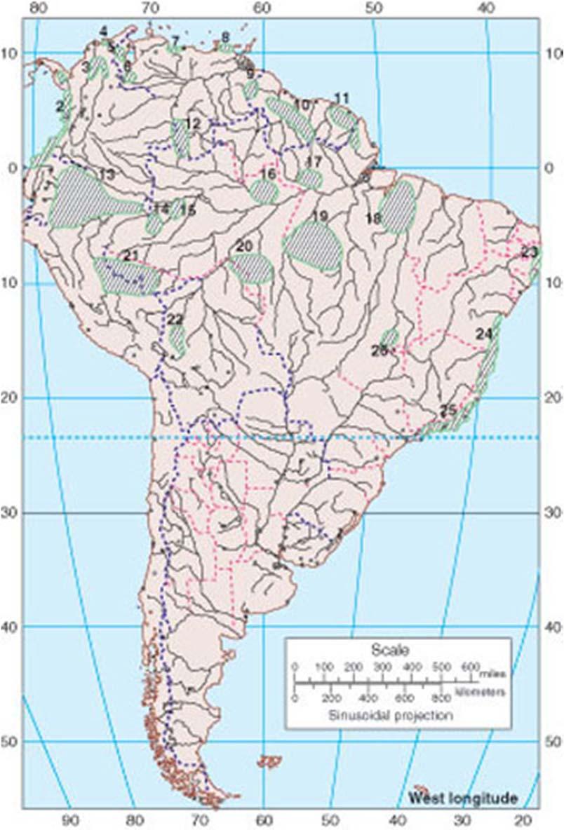 FIGURE 14-8 Areas of high endemism in South America.