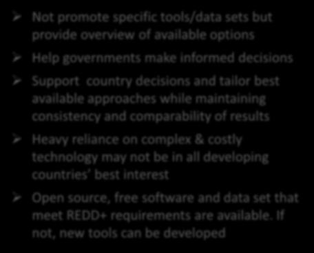 consistency and comparability of results Heavy reliance on complex & costly technology may not be in all developing countries best interest Open source, free software