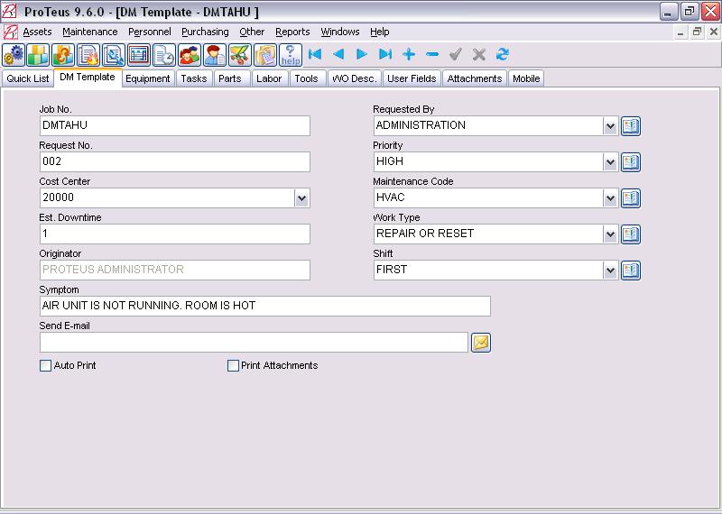 DM Template DMT Tab The DM Template Module is used for creating work orders for maintenance jobs and procedures that are routine, but not scheduled.