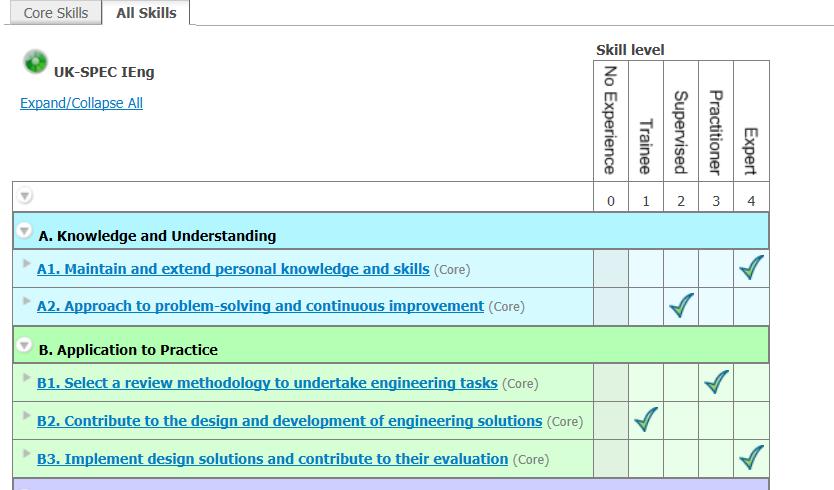 1. Choose a level in which you feel accurately represents your degree of expertise in the selected skill. 2. Use the text box to enter your evidence or supporting information under each statement.