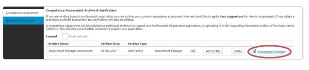 5. Go back to the main Professional Registration Assessment screen My Development > Assessment Manager > Professional Registration Assessment and select Archive.
