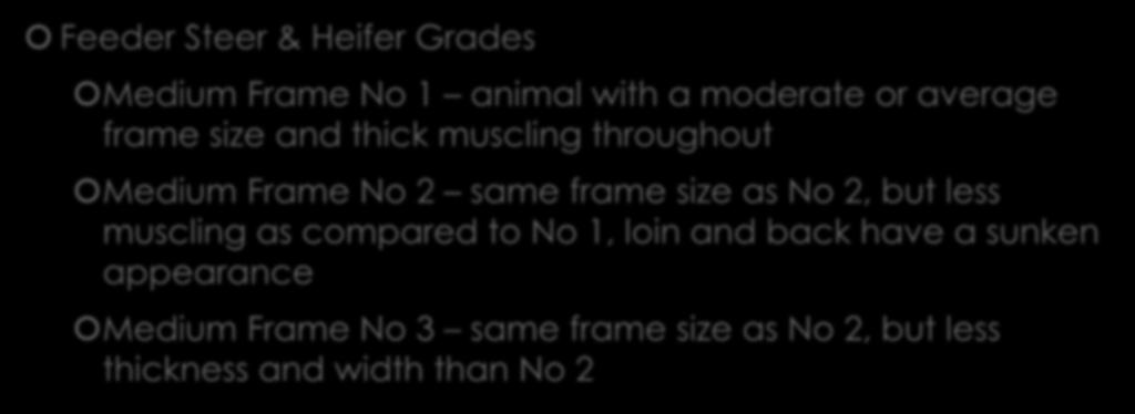 Quality Features of Beef Feeder Steer & Heifer Grades Medium Frame No 1 animal with a moderate or average frame size and thick muscling throughout Medium Frame No 2 same