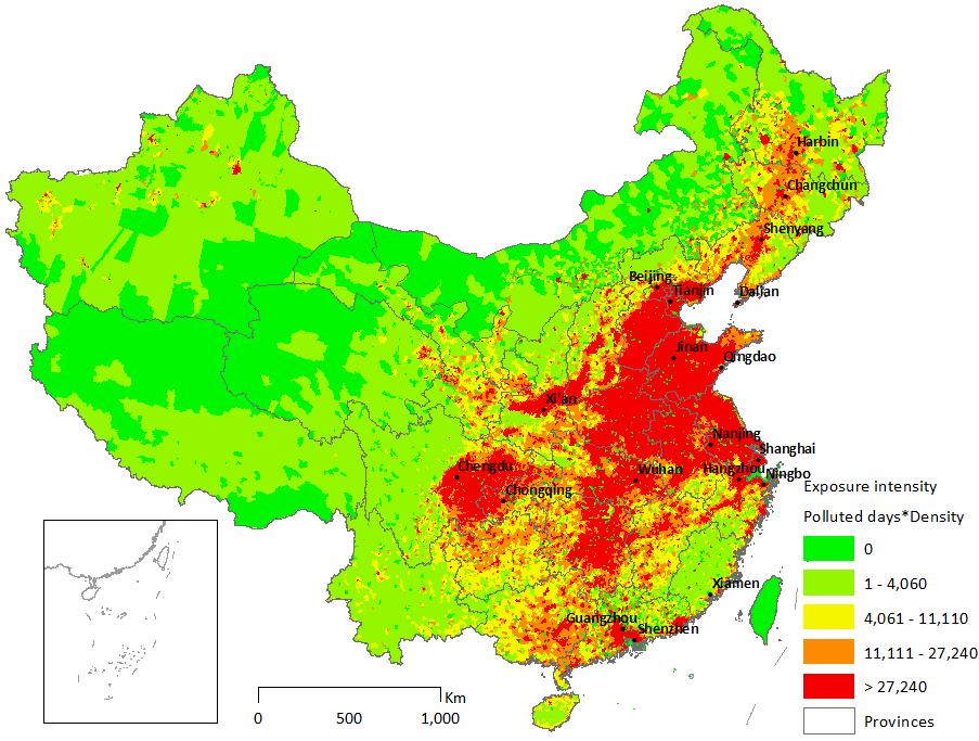(b) Figure 3 Population density (a, persons per km 2 ) and exposure