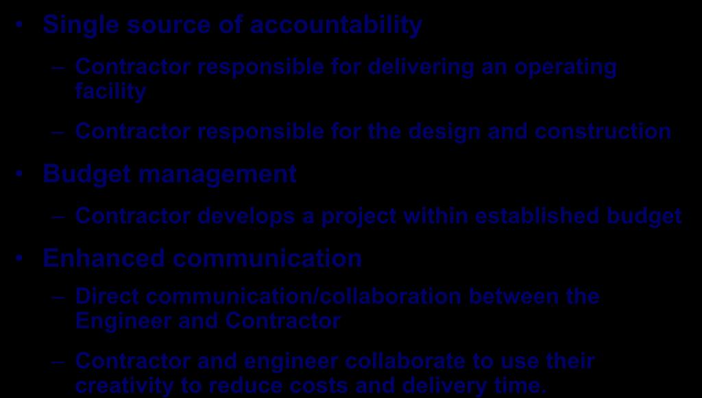 Benefits of Design/Build Single source of accountability Contractor responsible for delivering an operating