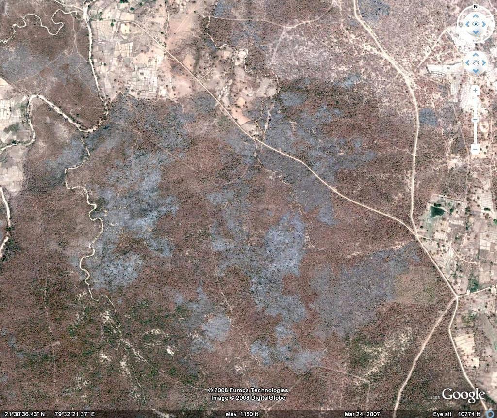 BURNT AREAS OF LENDEJHARI RANGE OF BHANDARA DN. RECORDED BY THE GOOGLE SATELLITE ON 24Th.