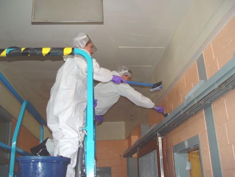 Using a high level liquid disinfectant to manually spray and wipe all surfaces Decontaminating agent must be