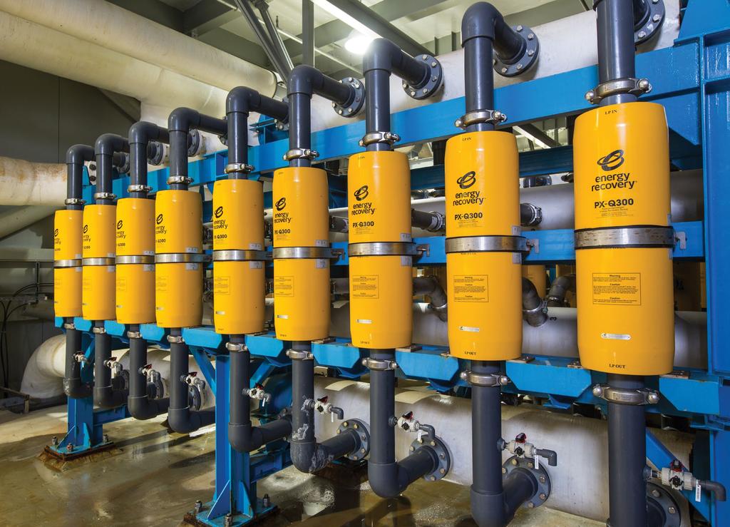 The energy recovery devices capture the hydraulic energy created by the high pressure reject stream of seawater produced during the reverse osmosis processes and transfer