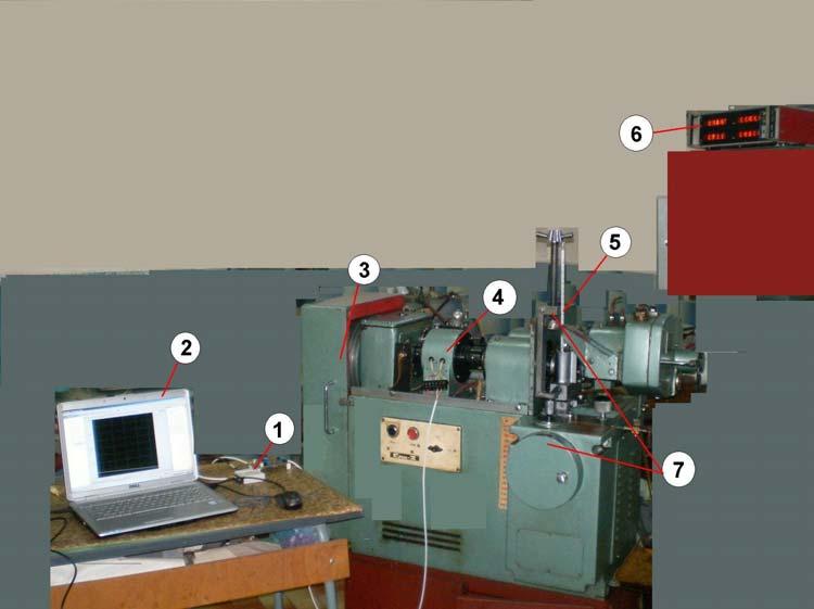 338 Fig. 1. Tester of tribologicul performance: 1 - NI DAQ USB-69; 2 mobile computer; 3 driving system; 4 torque sensor; 5 thermometer; 6 impulse counter; 7 normal loading system.