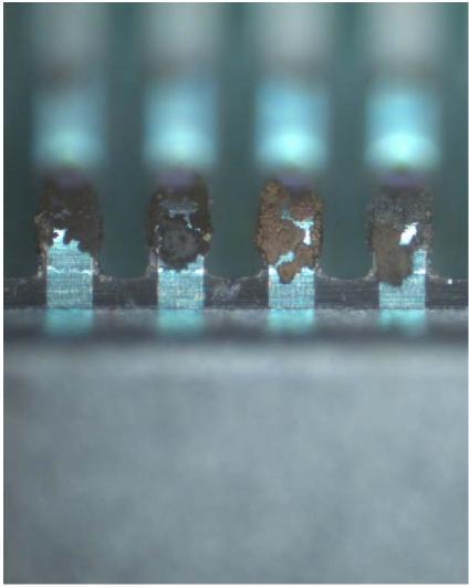 An example of optical images for AR1 coated specimens without and with manufacturing (MFG) exposure are shown in Figure 3. The worst corrosion was observed on the silicone-coated specimen.