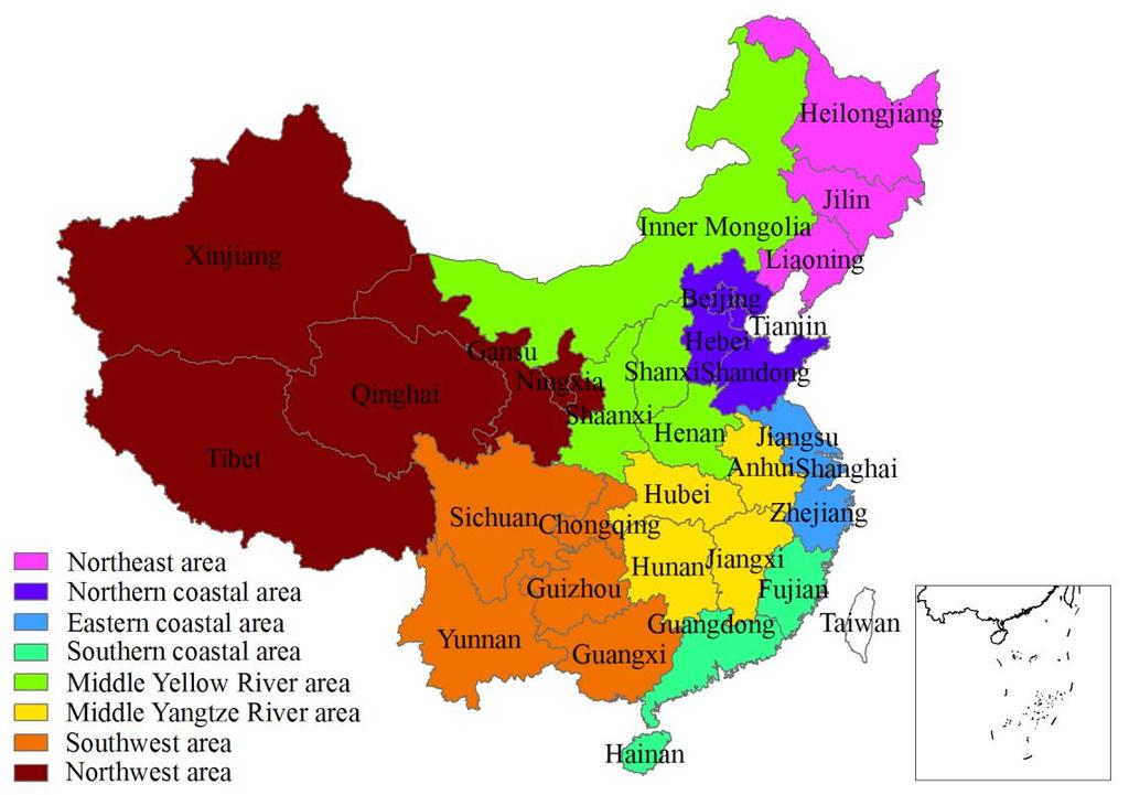 Fig. 5. Mainland China is divided into eight economy-geography areas (the map is schematic and does not indicate the definite boundaries). 5.2 Overall scores of CCMI The CCMI is a tool to estimate national or regional efforts to mitigate climate change.