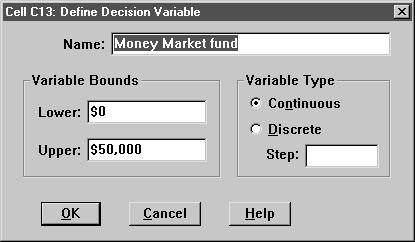 1 1. Define the first decision variable. a. Select cell C13. b. Select Cell > Define Decision. c. Set the Variable Type to Continuous. d. Set the lower and upper bounds according to the problem data (columns D and E in the spreadsheet), as shown below.