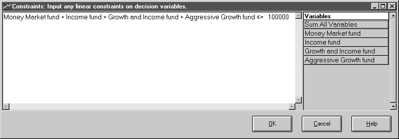 1 OptQuest Note: To move a decision variable name to where the cursor is, click on a decision variable name in the Variables column. Use an asterisk to multiply a constant and a variable (e.g., 3*X).