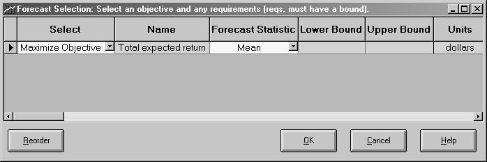 Tutorial Getting Started with OptQuest Figure 8 Forecast Selection window To select a forecast statistic to be the objective: 1. From the Select drop-down menu, select Maximize Objective.